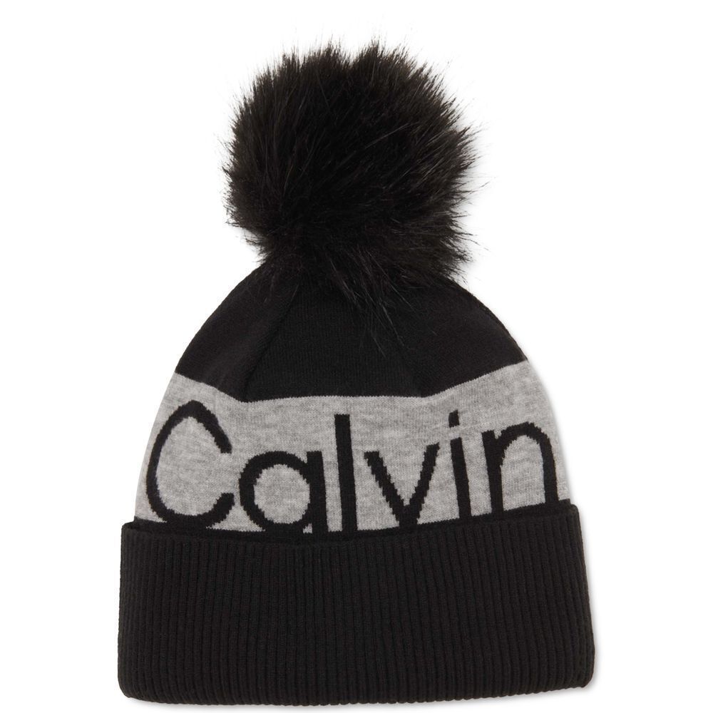 Calvin Klein Black‎ and Grey Faux Fur Beanie One Size